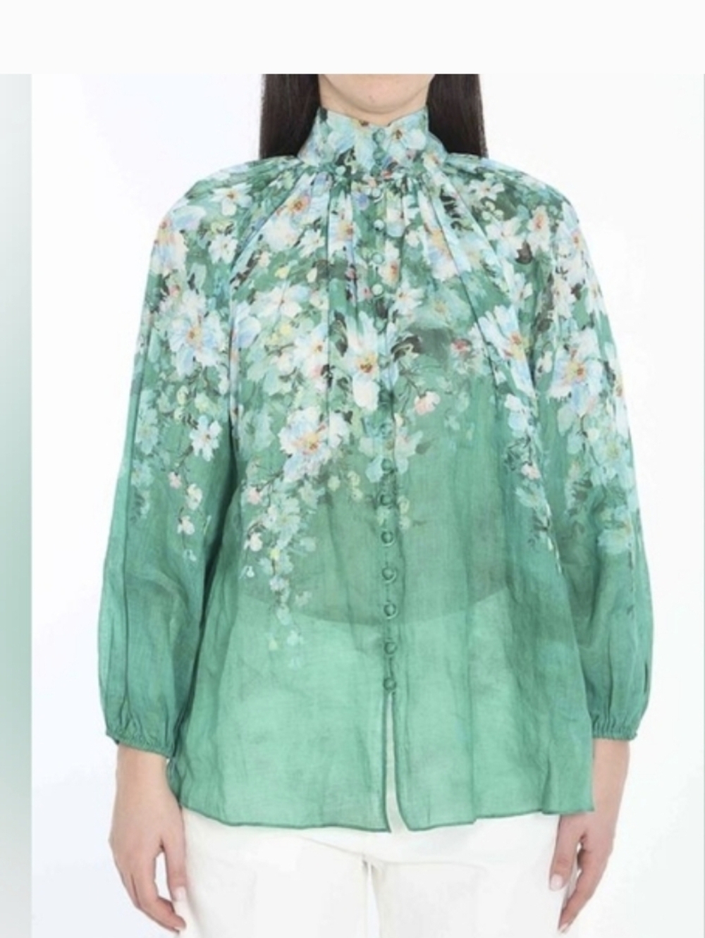 Zimmermann Green Floral High-Neck  Blouse Size 2